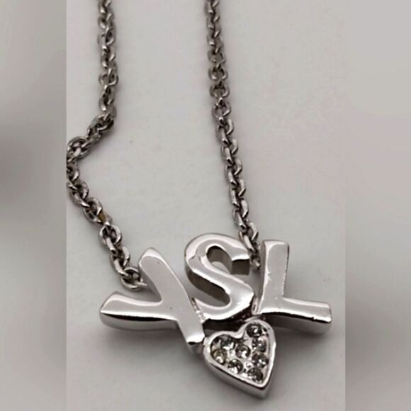 YSL Yves Saint Laurent Rhinestone Heart Silver Necklace Choker Jewelry Authentic - Picture 15 of 15